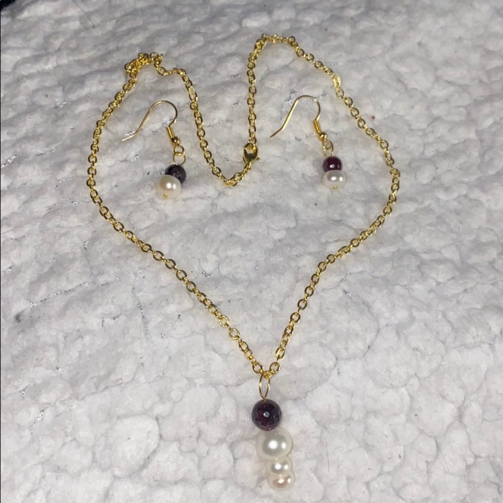 Pearl and Purple Bead Necklace & Earring Set
